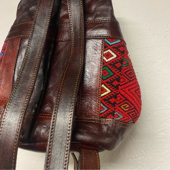 Art Leather Chiapas Backpack Mexican Woven Fabric Embroidered Bag Brown NWT - Picture 10 of 13